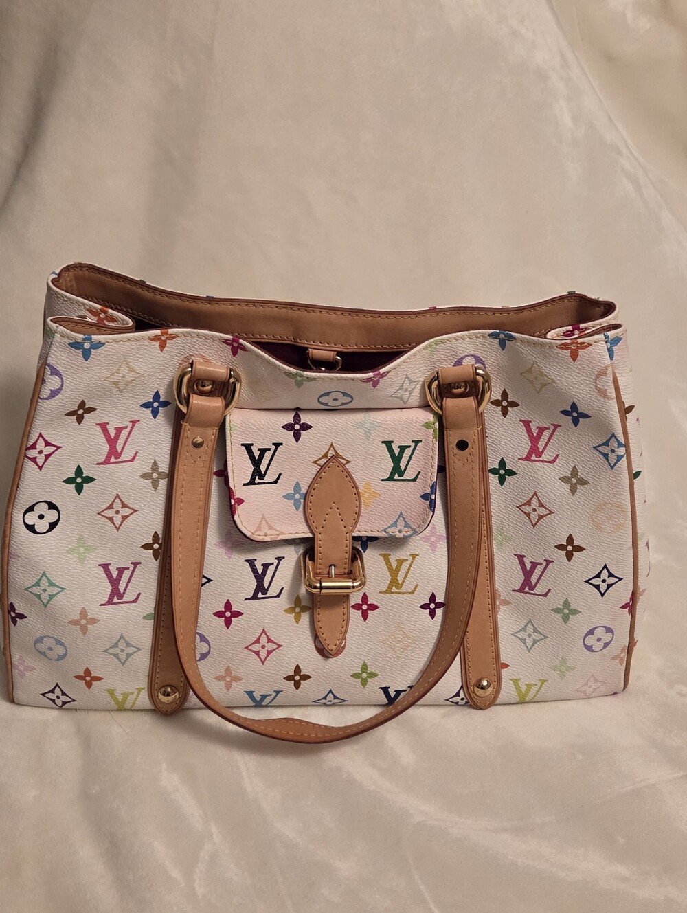 LV Original Murakami White Multicolor Monogram Aurelia MM Tote Natural Vachetta
